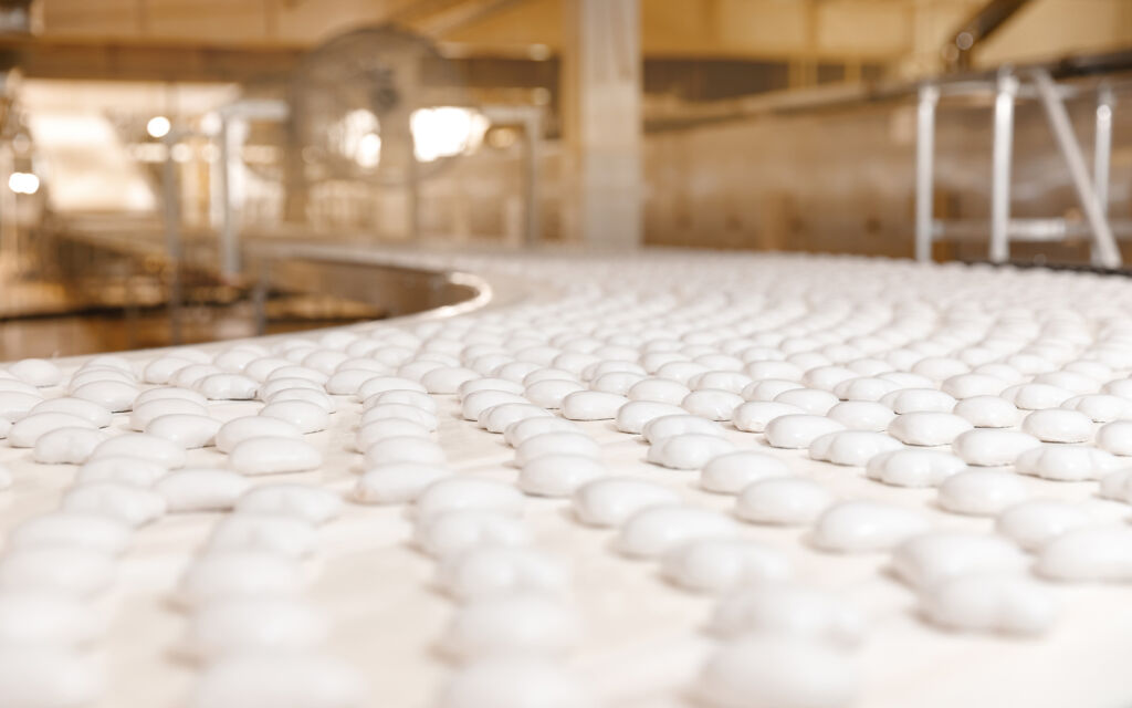 Conveyor line for production gingerbread cookies with white glaze at sweet factory