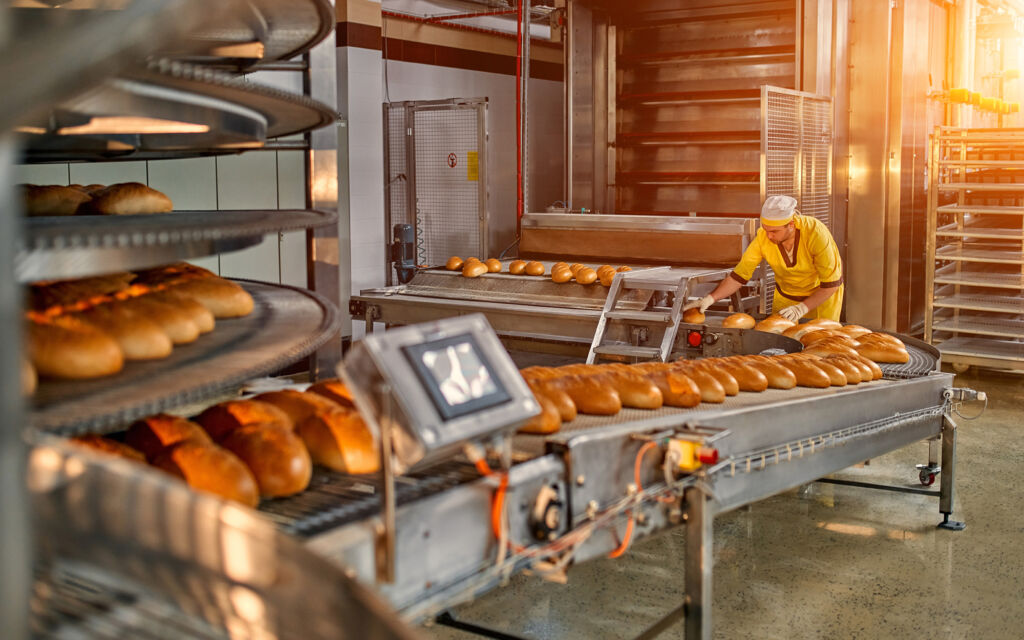 Automated production of bakery products. Baker man working at bread production line